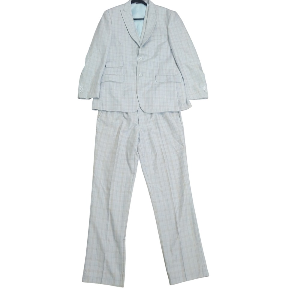 Lineage 40R W34 3 Piece Suit Mens Aqua Blue Plaid Blazer Trousers Viscose Blend